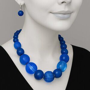 Necklace & Earring Set - Blue Beaded  - Silver tone - Women's Jewelry - 18-inch